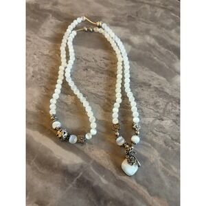 White Beaded Heart Pendant Necklace Gemstone Yoga Mala Meditation Choker